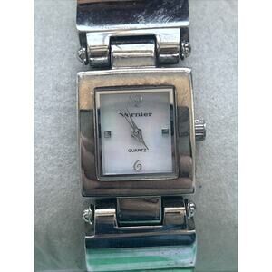 Vernier Womens Palm Tree Clear Acrylic Cuff Watch Silver Tone Rectangle MOP Dial